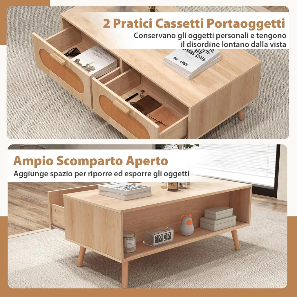 Tavolino da Caffè in Rattan, Tavolino Moderno con 2 Cassetti e Compartimento Posteriore e Gambe in Legno Massello, Tavolo Rettangolare da Salotto e Ufficio