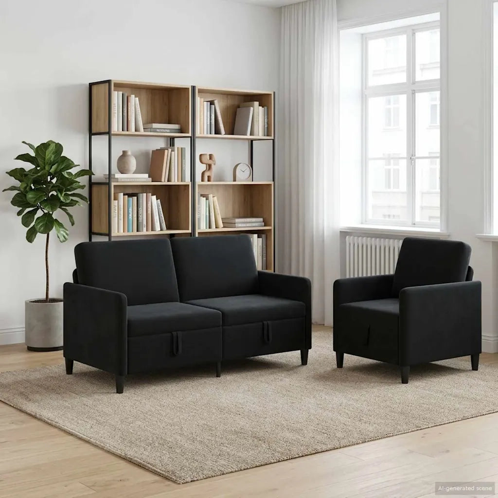 Set di Divani con Storage 2 pz Nero Poliestere 3429196