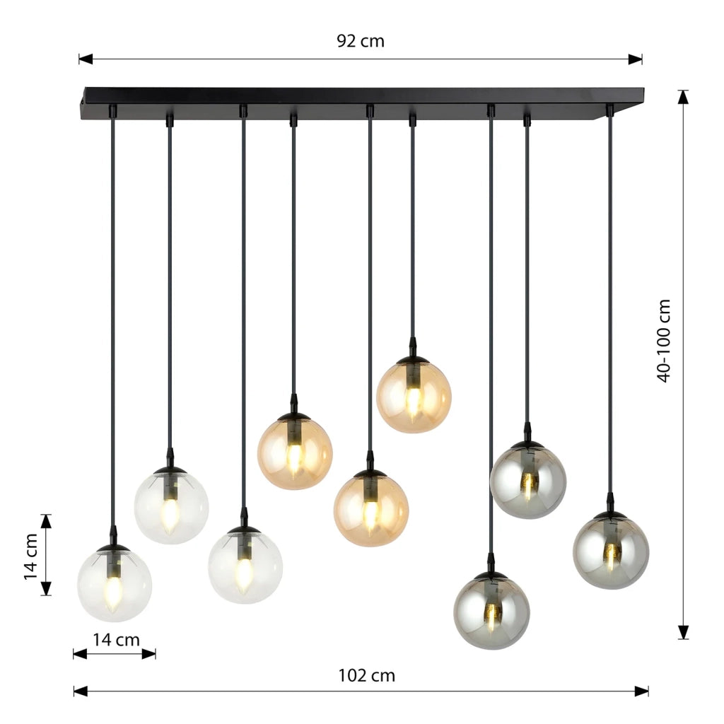 Sospensione Moderna 9 Luci Kali In Acciaio Nero E Sfere In Vetro Multicolor