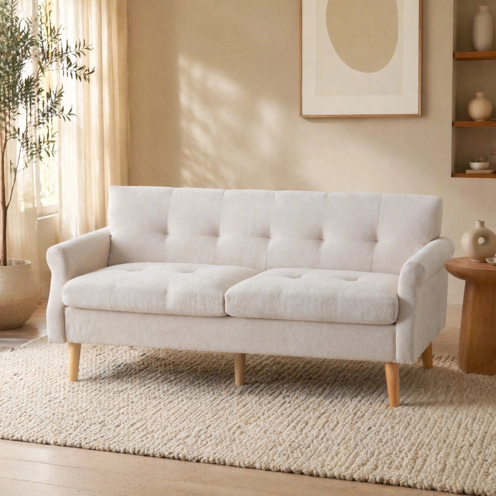 Divano 2 posti in chenille beige con cuscini; 162x74x77 cm