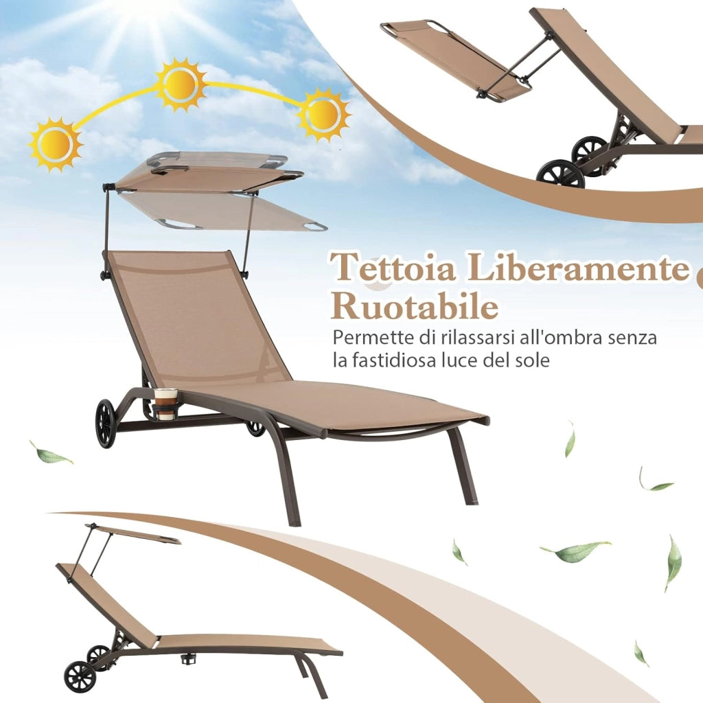 Lettino Prendisole da Giardino, Sdraio Reclinabile con Ruote Tettuccio Parasole Girevole Portabicchieri a Scomparsa e Schienale Regolabile in 6 Posizioni da Giardino Piscina (marrone)