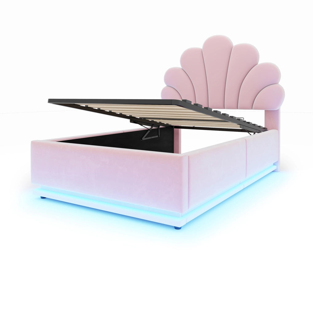 Letto imbottito 90x200 cm con contenitore, LED e testiera floreale