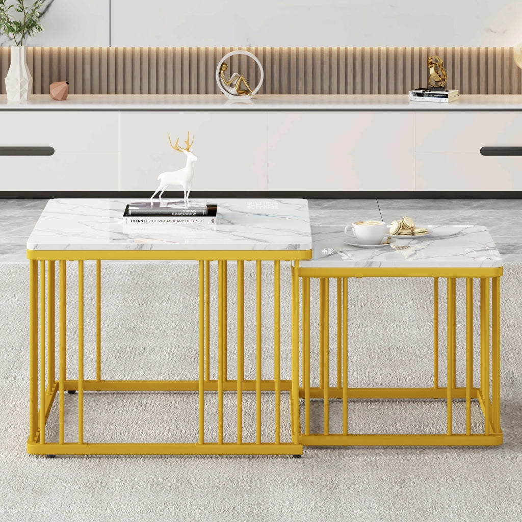 TAVOLINO DA CAFFÈ Quadrato Set 2 pezzi 60x60/45x45 cm Effetto Marmo Bianco Oro