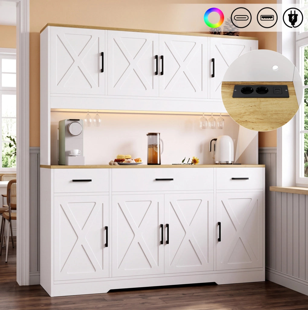 Credenza buffet 150x40x180 cm con LED; prese USB e ripiani regolabili; bianco