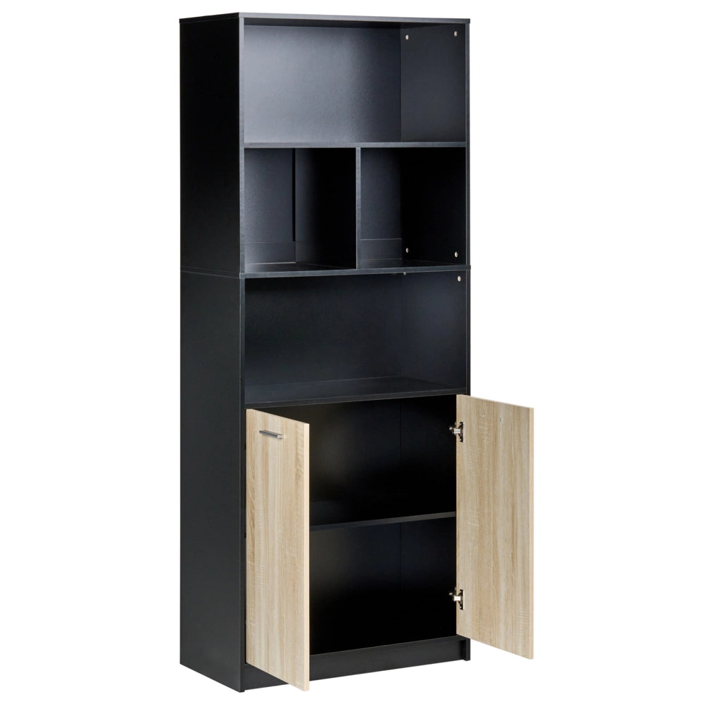 Libreria a 2 ante Marrone e nero Pannelli di particelle di legno Mobili da ufficio minimalisti Ripiani aperti e chiusi