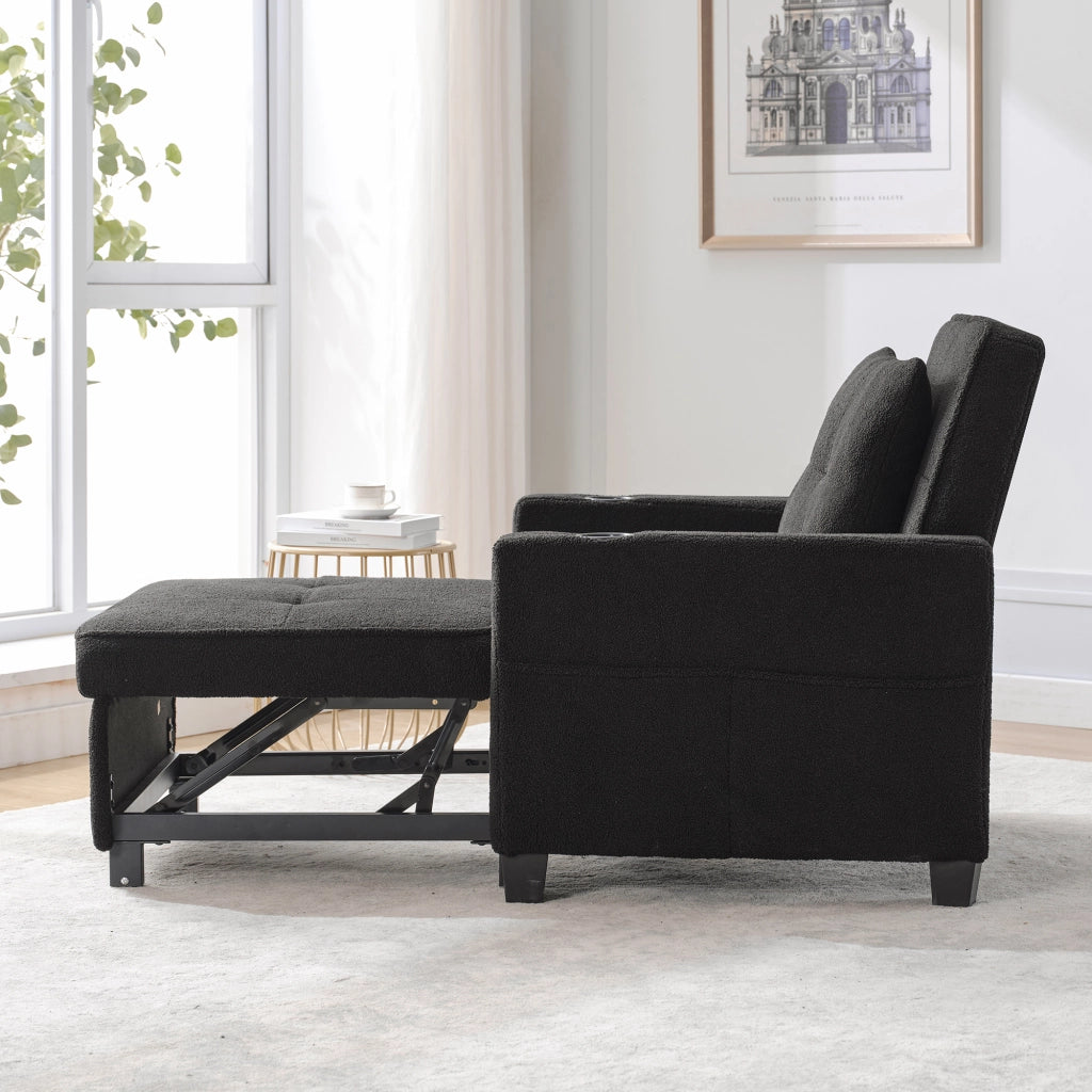 Fauteuil convertibile 3 in 1 con schienale regolabile, porta bicchieri, porta USB e tasca laterale nero 74 × 87 × 84 cm