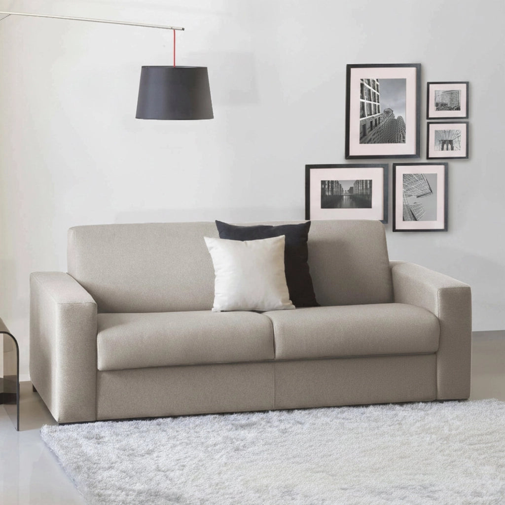 Divano Letto Asimi, Divano a 2 posti, Made in Italy, SofÒ  Soggiorno con apertura girevole, in tessuto imbottito, con Braccioli standard, cm 180x95h90, Tortora