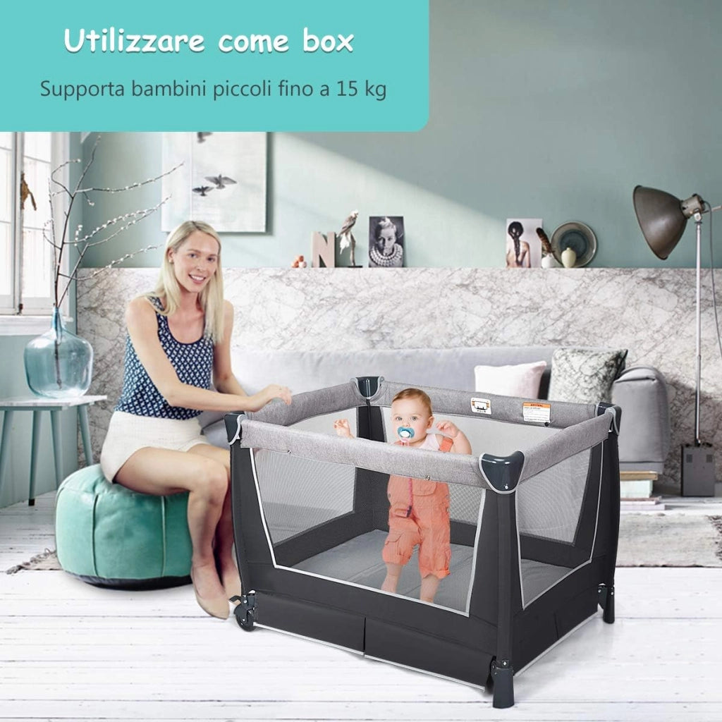4 in 1 Lettino Neonato da Viaggio Pieghevole con Materasso, Culla da Campeggio con Fasciatoio e Giocattolo, per Bambini 0-36 Mesi fino a 15 kg (Grigio Scuro)