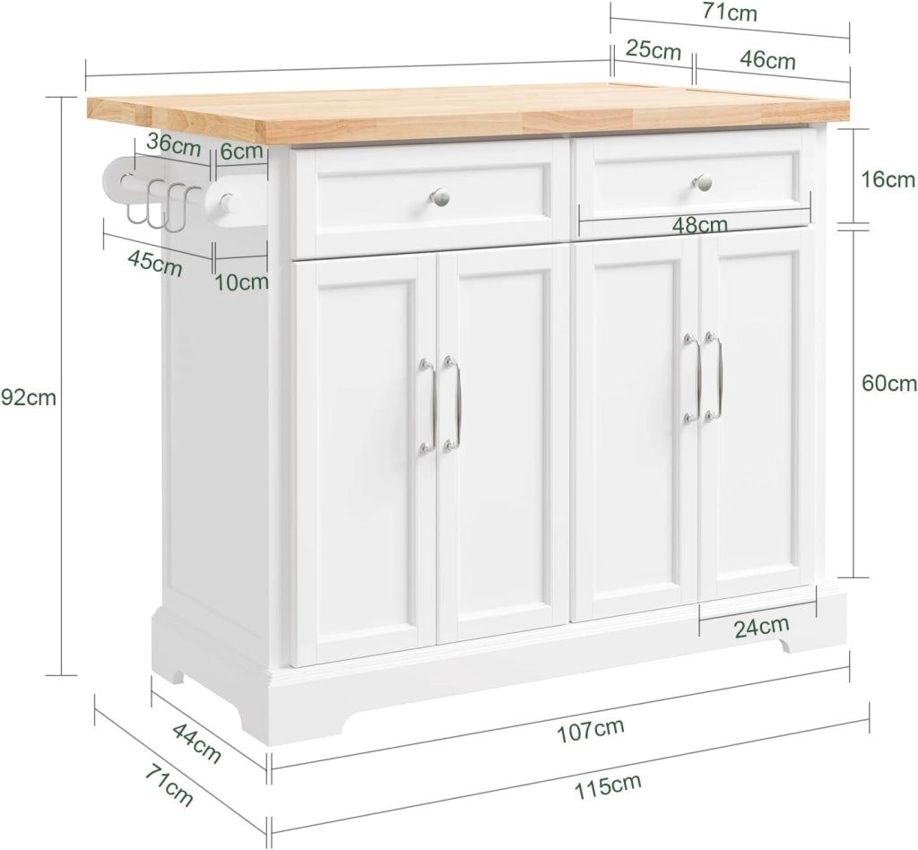 isola cucina con ruote carrello da cucina con piano di lavoro pieghevole mobile cucina con ruote penisola cucina piano lavoro Bianco 115x92x(46-71) cm FKW71-III-WN