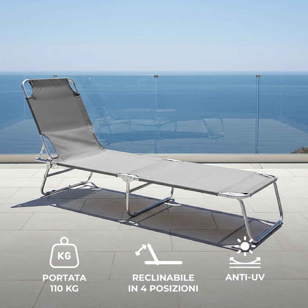 Coppia Lettini Prendisole Pieghevoli in Metallo  Reclinabili 4 Posizioni, Waterproof e Anti-UV, Portata 110 kg, Ideali per Mare Giardino Piscina Grigio