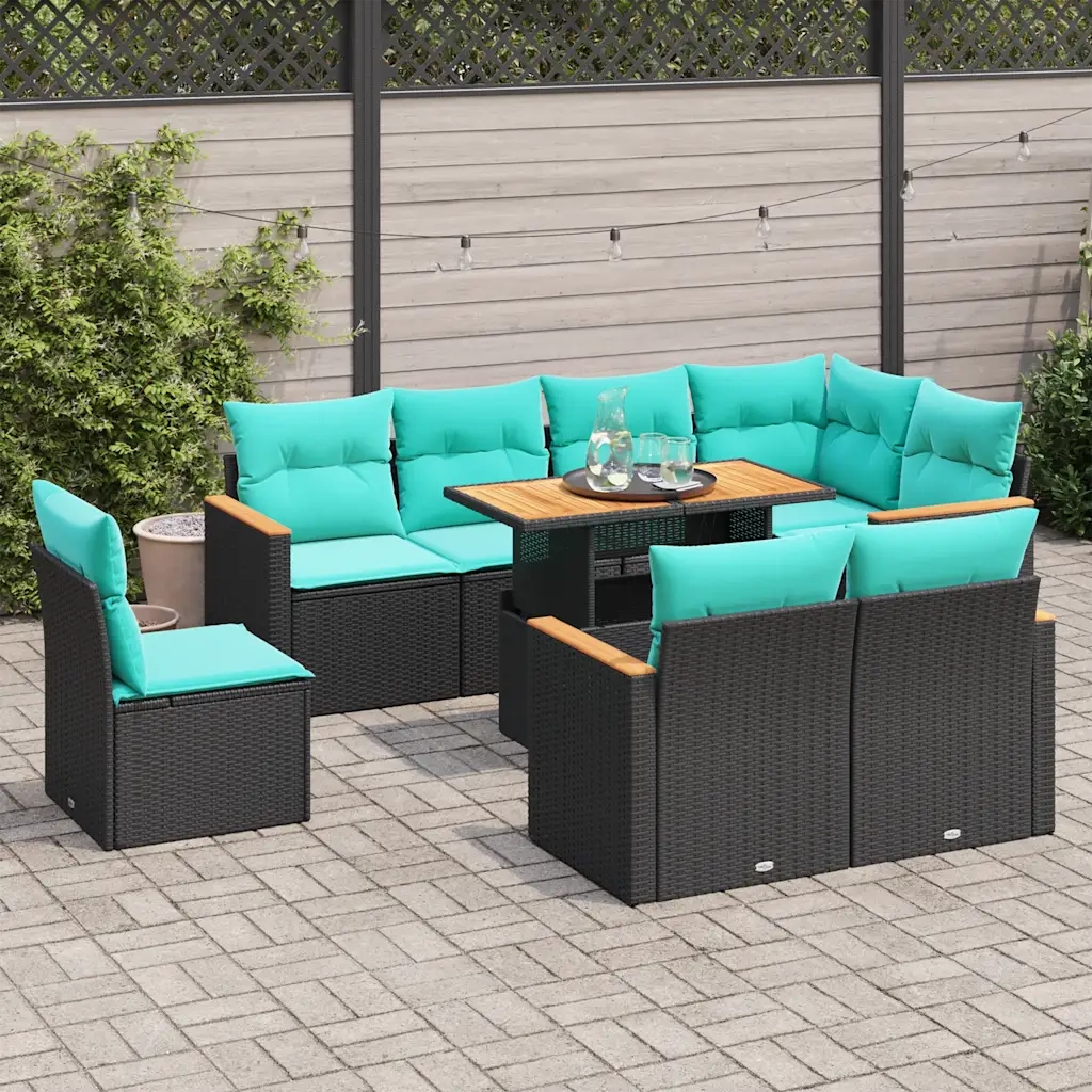 Set Divani da Giardino 9 pz con Cuscini Nero in Polyrattan