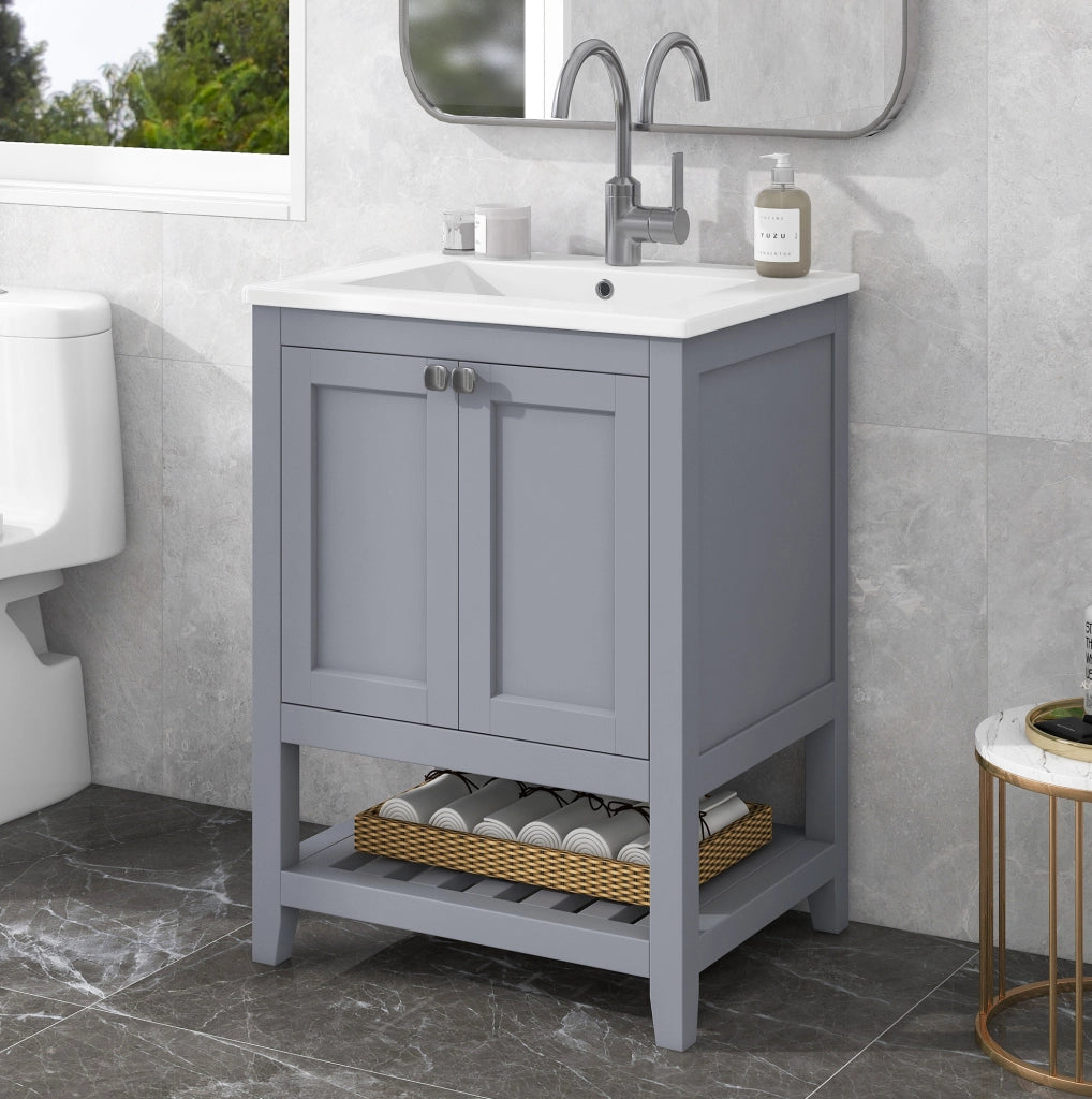 Mobile bagno ULEVR con lavabo in ceramica e base a pavimento, grigio chiaro e bianco