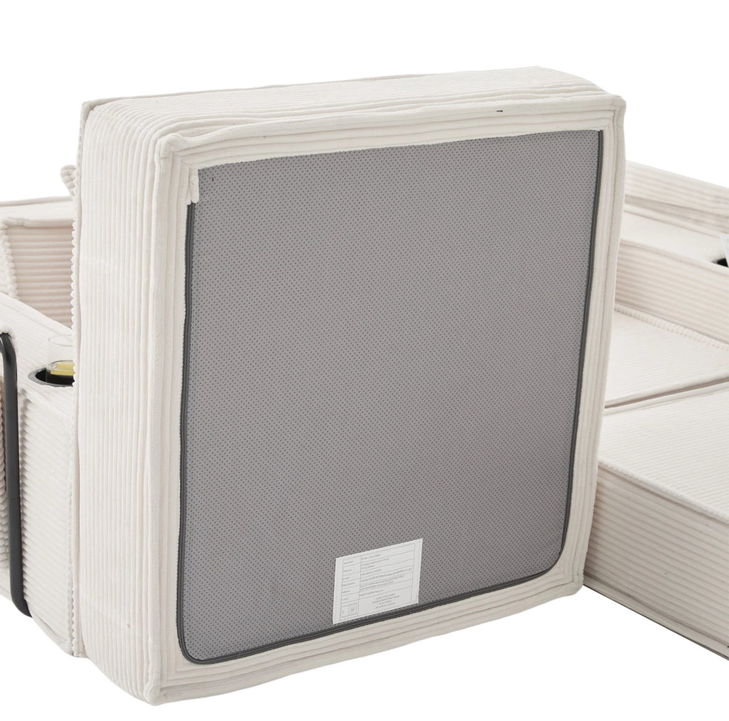 Divano pouf modulare beige in velluto a coste con 2 cuscini