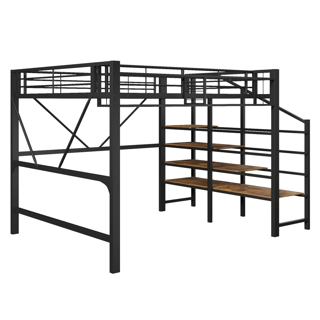 Letto a soppalco 140x200 cm con scaffale a gradini, vano aperto, cestello contenitore e LED, nero