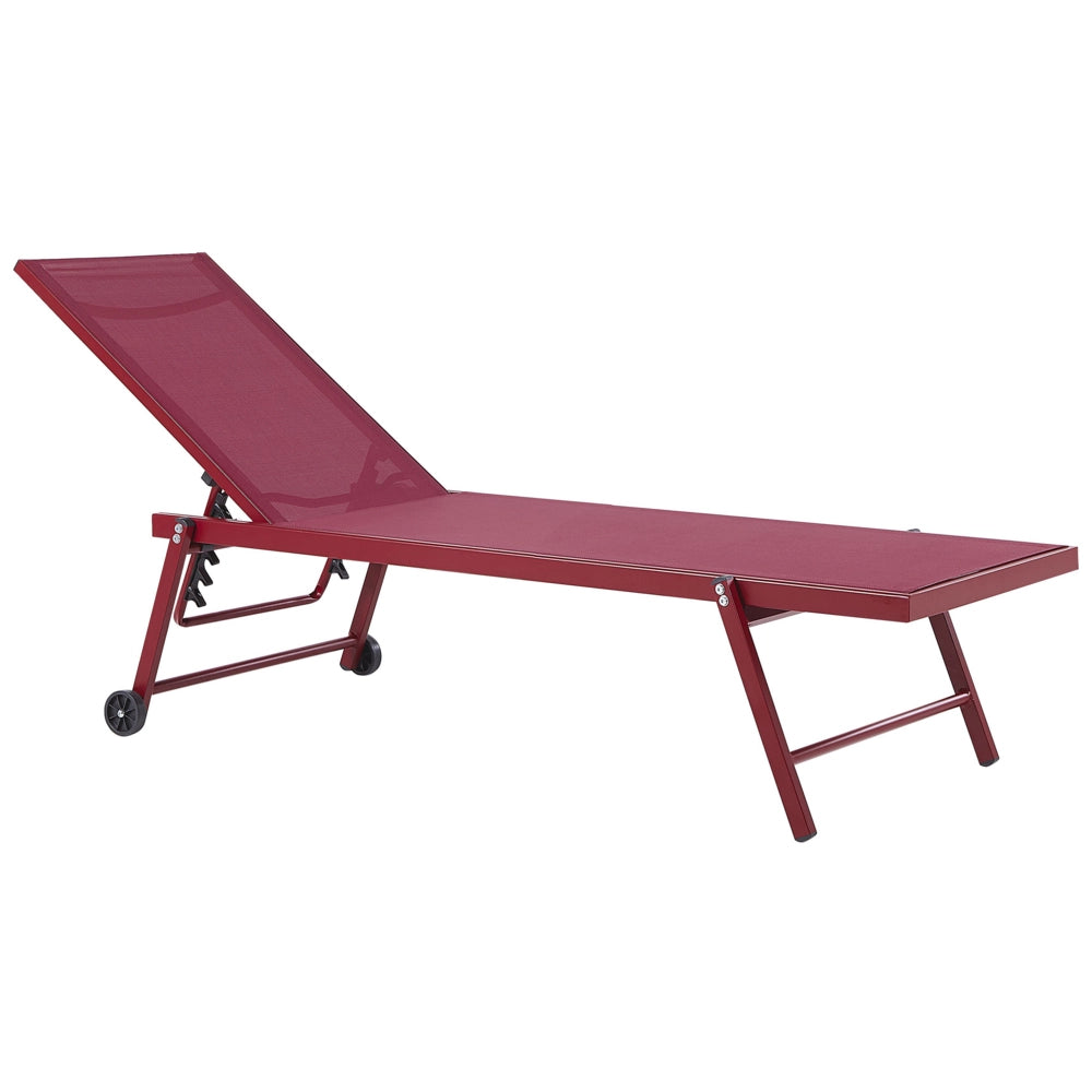 Lettino prendisole da giardino Sedile sintetico rosso Struttura in alluminio 198 x 61 cm Schienale reclinabile regolabile con ruote Patio