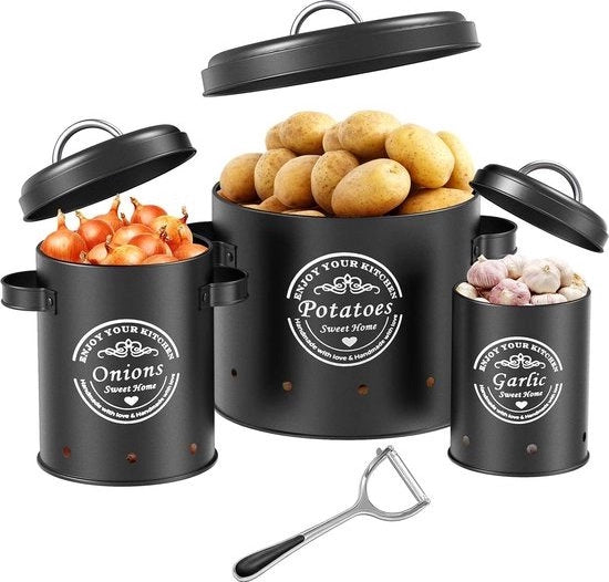 Contenitore per patate, contenitore per cipolle, contenitore per cipolle, scatole di riserva, grandi scatole di riserva in metallo, cucina, può conservare le patate a lungo (nero)