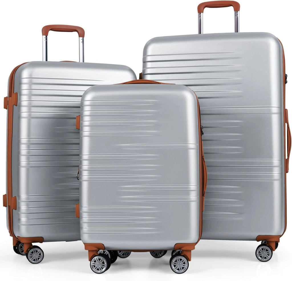 Set di Valigie Rigide 3 Pezzi, Set Valigia da Viaggio in ABS con TSA Lucchetto, Manico Telescopico in Alluminio e Ruote Piroettanti, 20", 24", 28" (Argento)