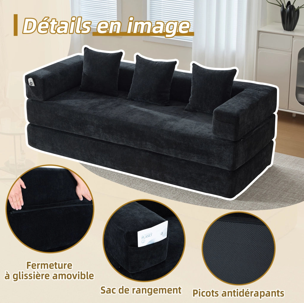 Divano modulare in ciniglia nero con tasche laterali e base antiscivolo