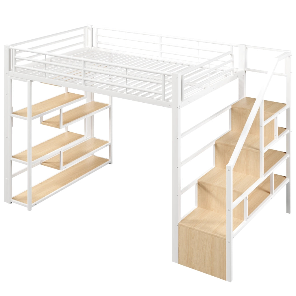 Letto a soppalco 140x200 per bambini con scala integrata; struttura in metallo e MDF; ripiani; LED e barriera; bianco