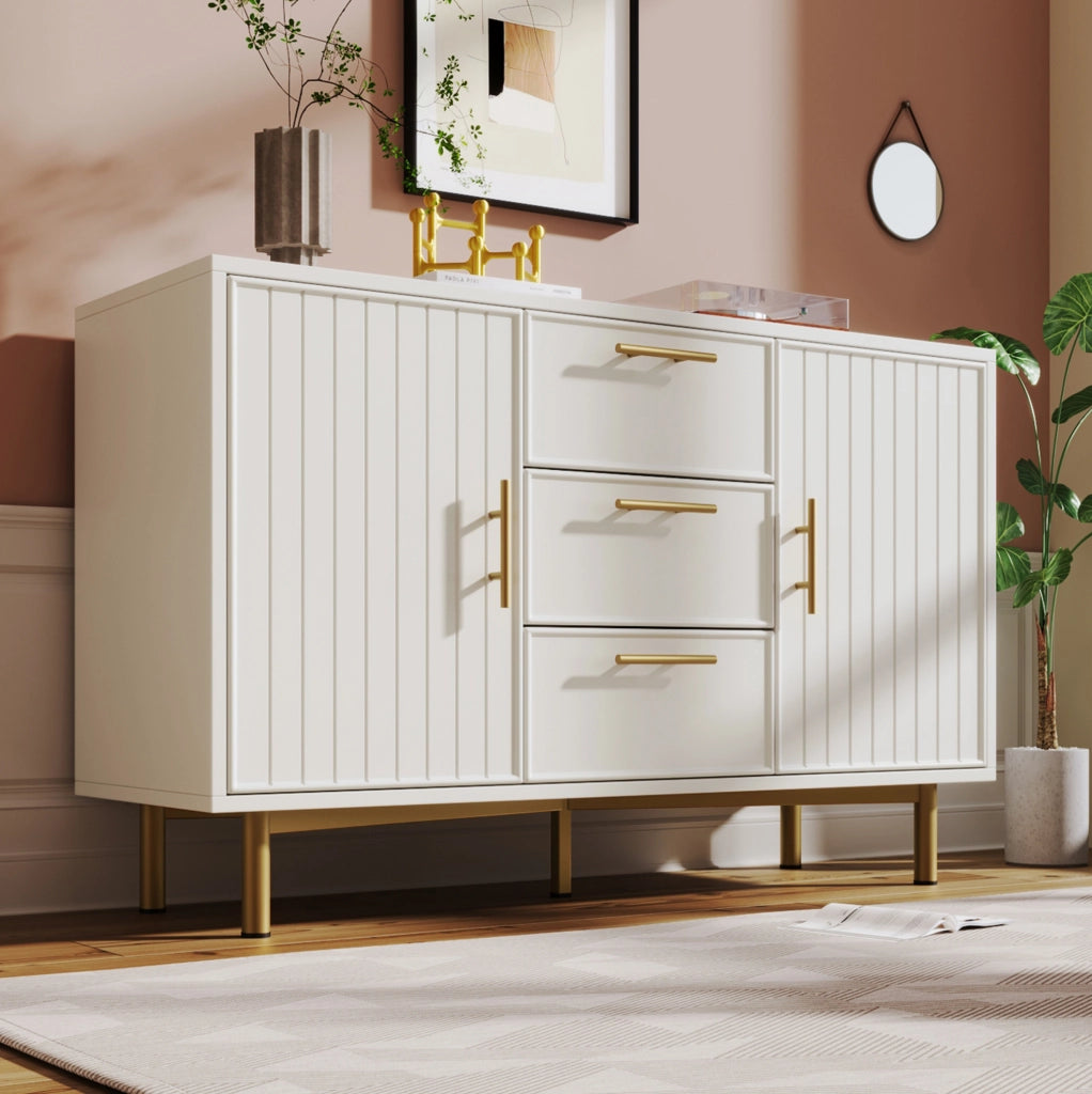 Credenza moderna con 2 ante e 3 cassetti; ripiano regolabile; 120x40x75 cm; bianco