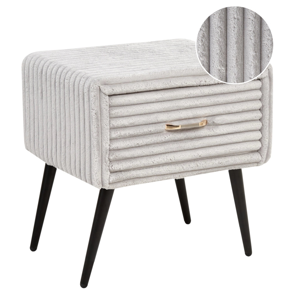 Comodino con rivestimento in velluto grigio chiaro con 1 cassetto Mobili per camera da letto dal design minimalista