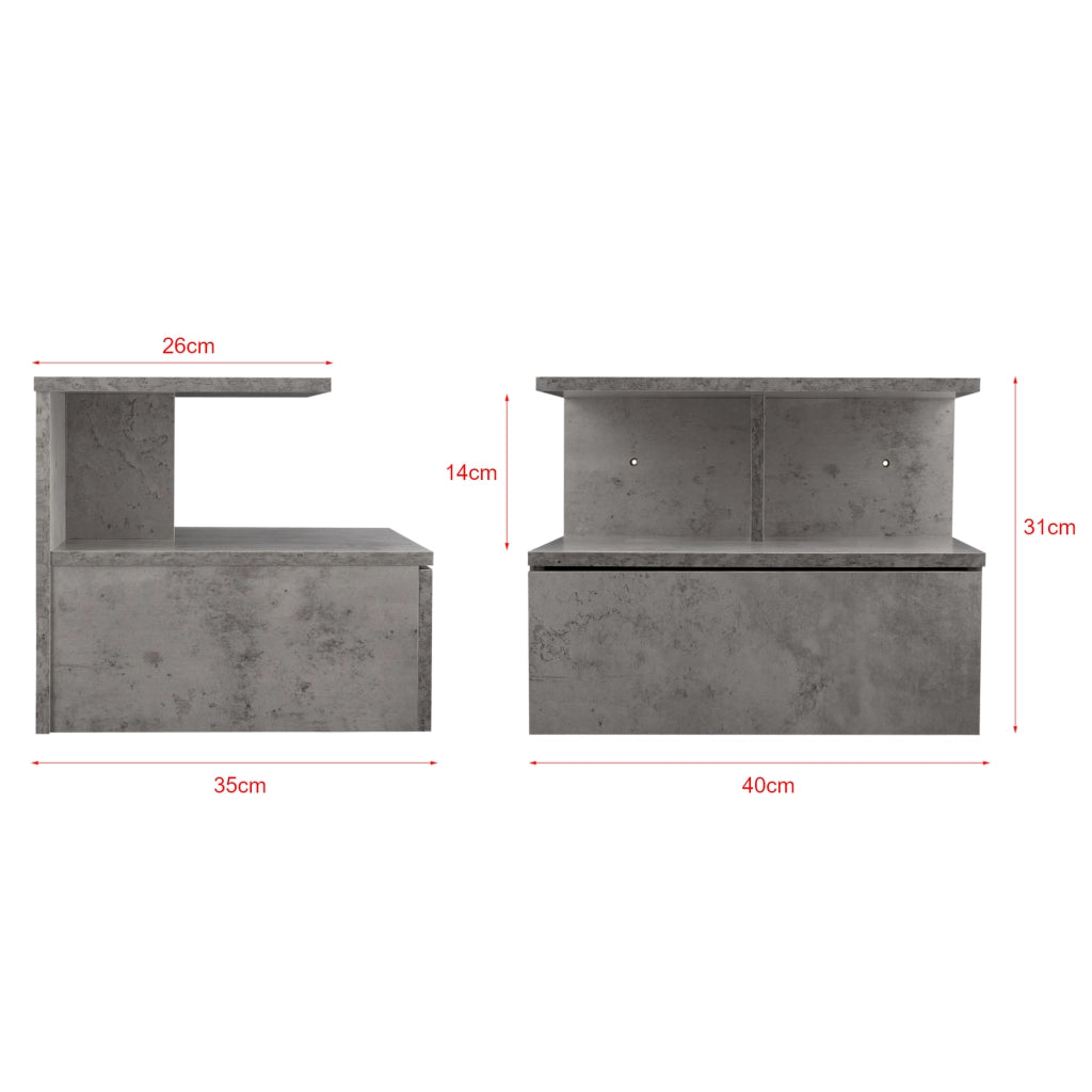 Comodino da Parete Amberg con Cassetto e Ripiani 40x35x31 cm - Effetto Cemento [en.casa]