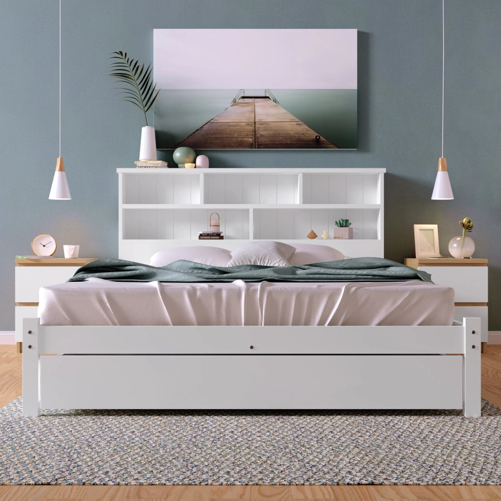 LETTO matrimoniale 140x200 cm bianco in legno con testiera a libreria e cassetti