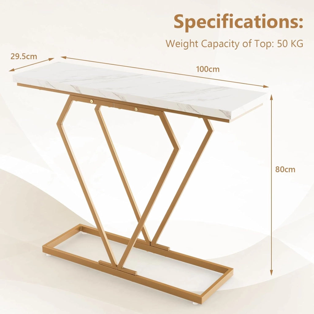Tavolo consolle da ingresso, 100 x 29,5 x 80 cm, superficie in marmo artificiale e gambe metalliche, tavolo stretto per dietro il divano, tavolo rettangolare per lobby, soggiorno