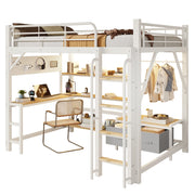 Letto a soppalco 140×200 cm con scrivania; LED; USB; ripiani; 2 cassetti e materasso escluso; bianco