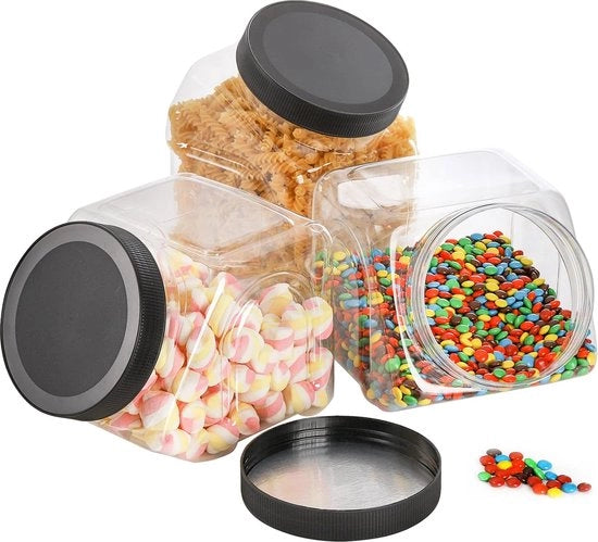3 contenitori di plastica per la neve, 2,9 litri, vaso di vetro trasparente con coperchio, contenitori da buffet per snack, cibo secco, biscotti, detergente per snack