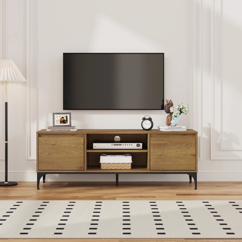 Mobile Porta TV Kistiandi a Vani Aperti e Chiusi con Ante 140 x 40 x 50 cm - Effetto Rovere Scuro [en.casa]