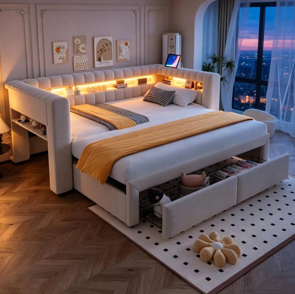 Divano letto imbottito 90x190 cm estensibile 180x190 cm in velluto beige con LED e USB