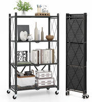 Scaffale di Stoccaggio Pieghevole a 4 Livelli, Carrello di Stoccaggio con Ruote Bloccabili, Unità di Ripiano in Metallo Robusta per Cucina Soggiorno Garage, 71x34x126 cm