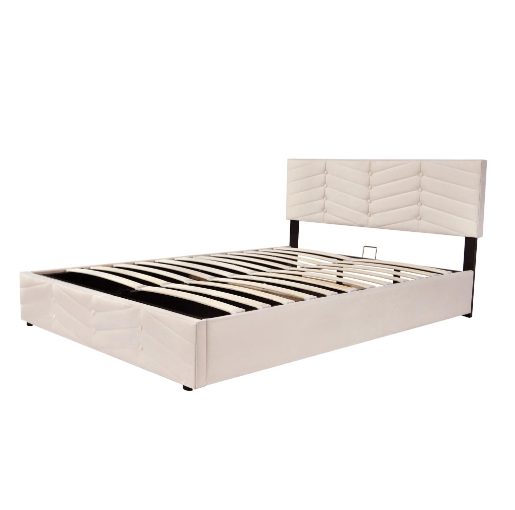 Letto imbottito 140x190 cm in velluto beige con testiera regolabile e rete a doghe