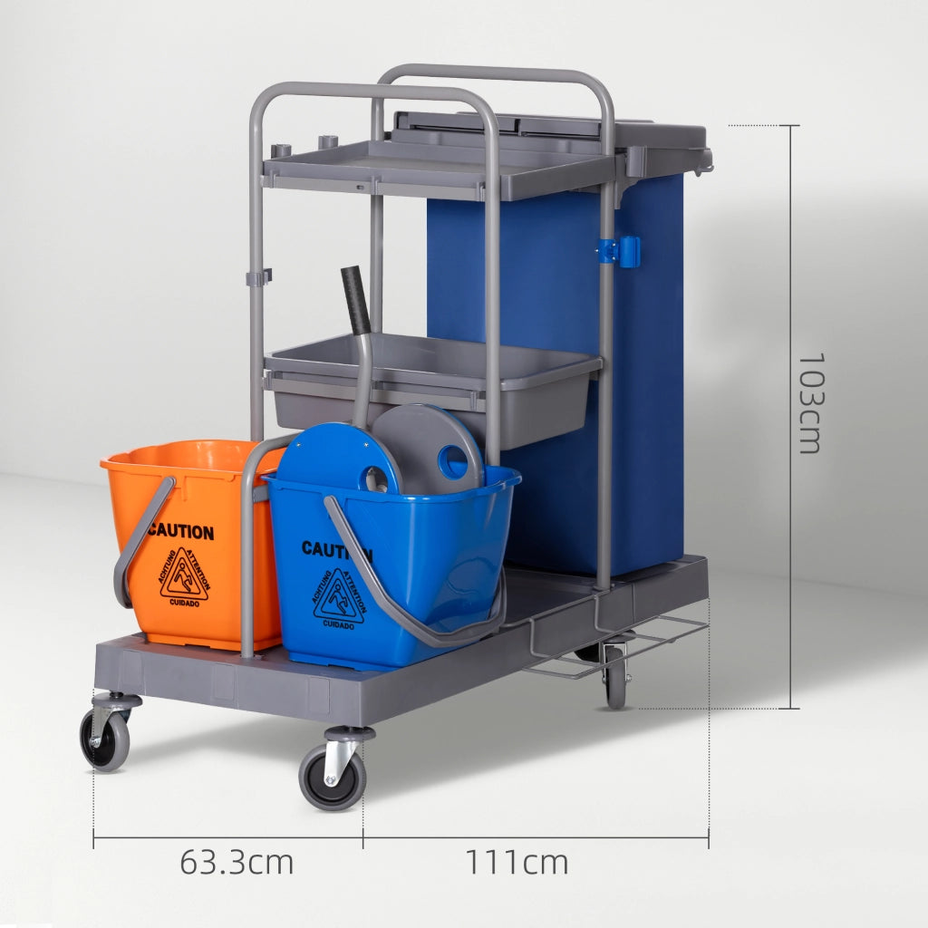 Carrello Pulizie a 3 Ripiani con Sacco per Immondizia e Strizzatore, 111x63.3x103 cm, Grigio Blu e Arancione