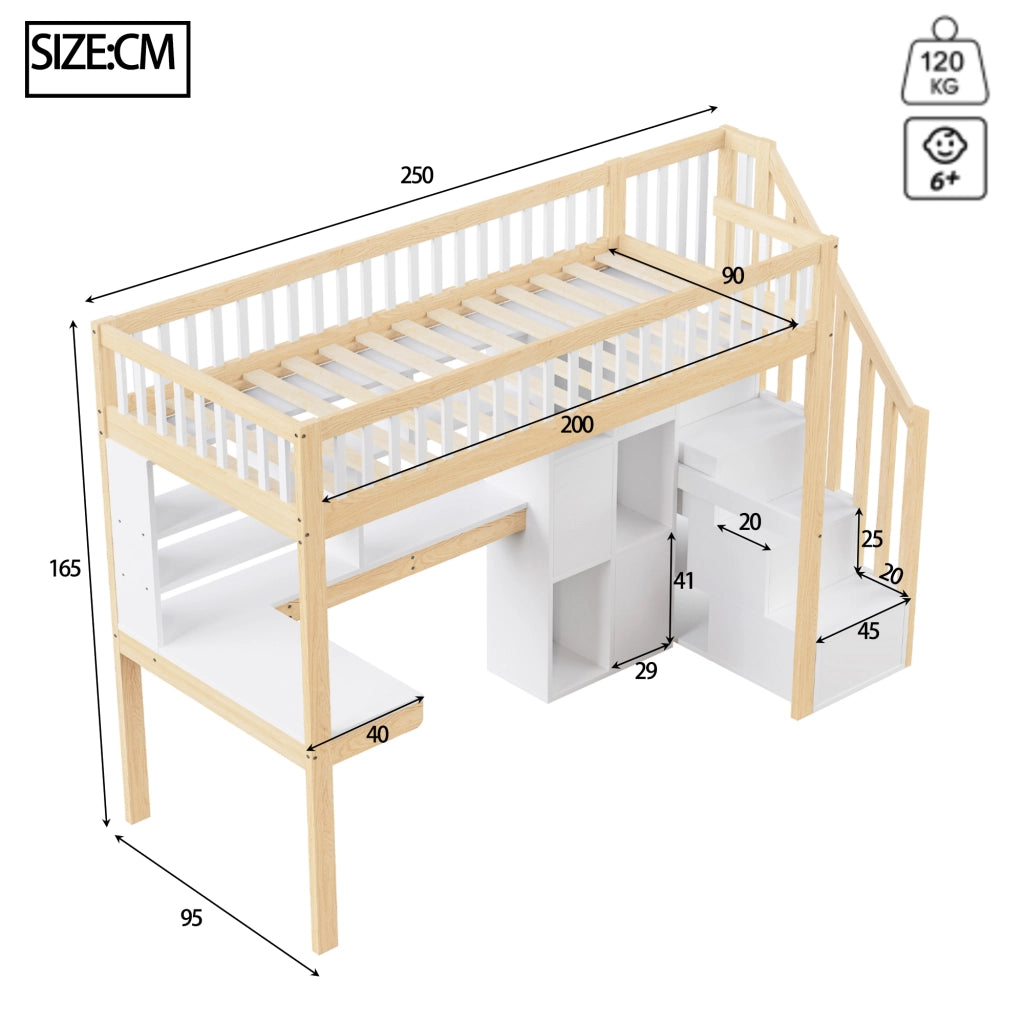 OKWISH Letto a Soppalco 90×200 cm, Letto Singolo con LED, Scala con Contenitori, Mensole e Scrivania, senza Materasso, Bianco e Naturale