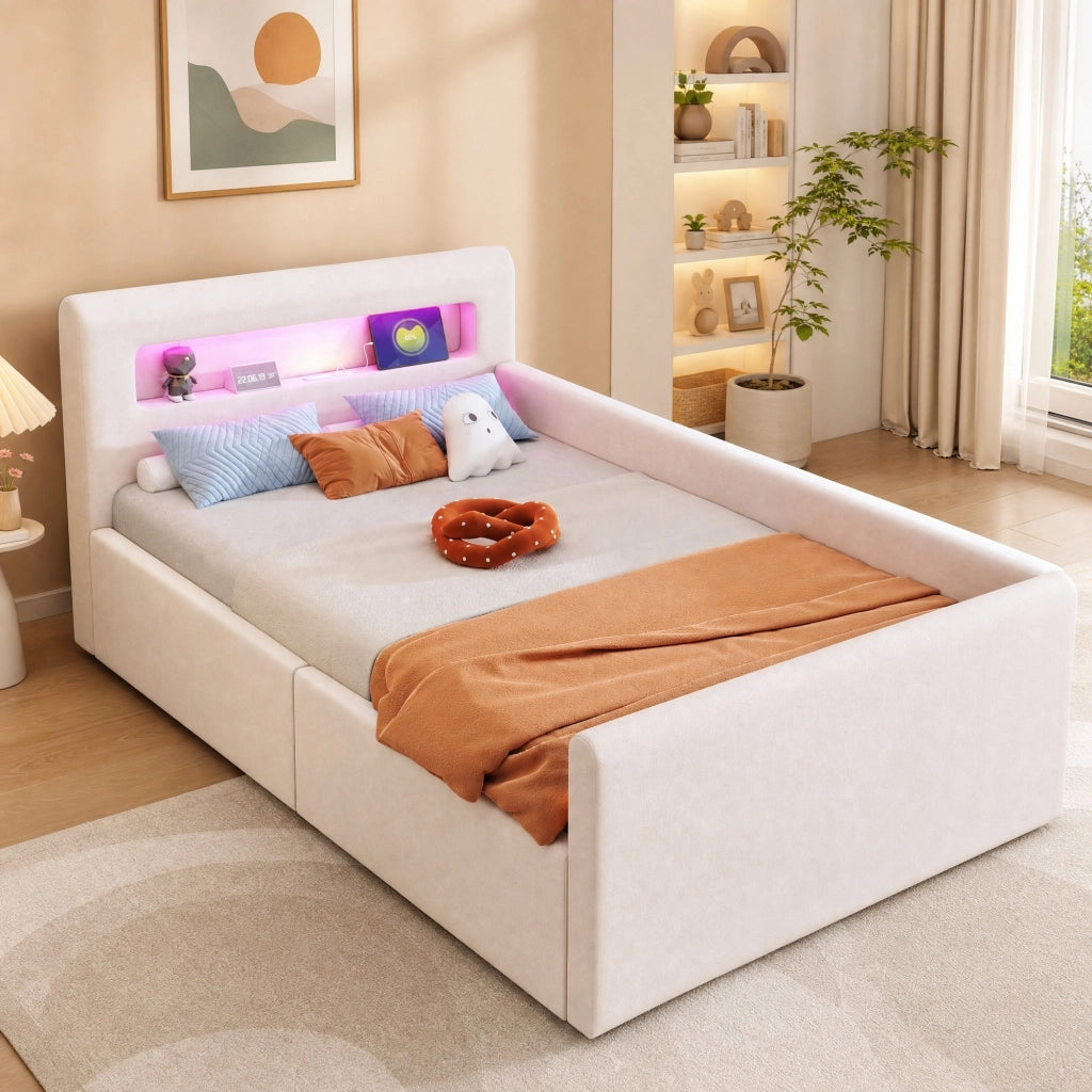 Letto imbottito per bambini 90x200 cm in velluto beige con LED; USB e contenitore idraulico