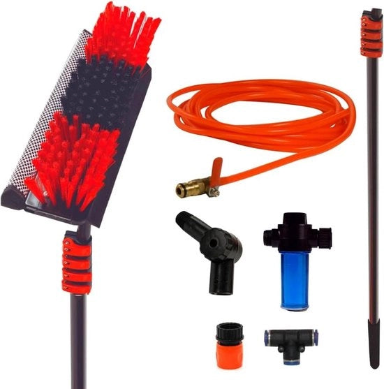 Set di pulizia per vetri con spazzola telescopica fino a 4,6 metri, dotato di dispenser di sapone idraulico e raccoglitore di residui per la pulizia di vetri di auto, autobus e barche