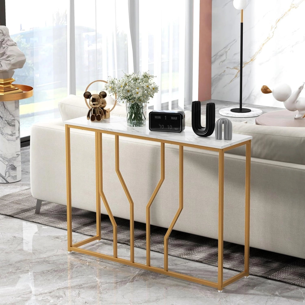 Tavolo Consolle 110cm, Tavolo da Ingresso con Piano Effetto Marmo, Struttura in Metallo, per Soggiorno, Corridoio, Ingresso