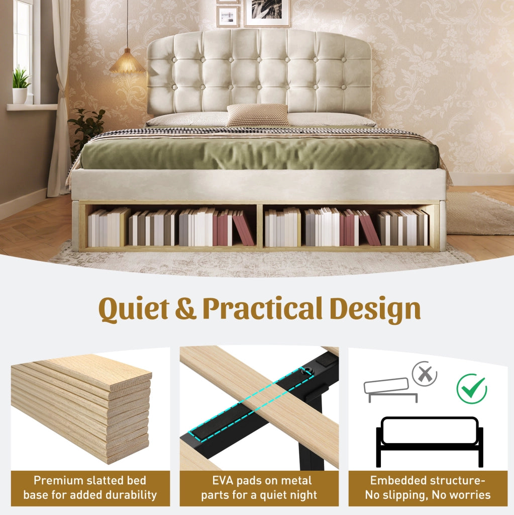 Letto matrimoniale imbottito 140x190 cm in velluto beige con testiera regolabile e cassetti