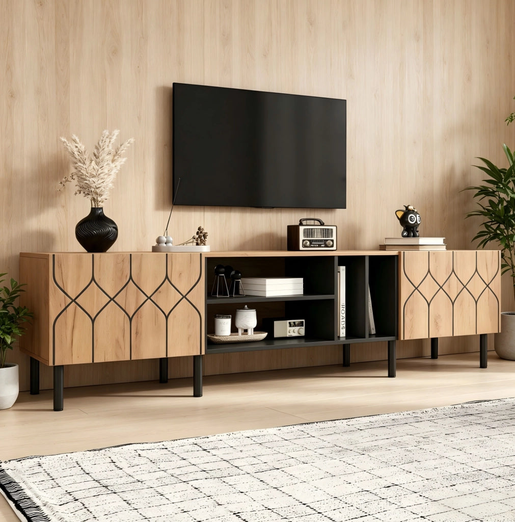 Mobile TV 180x40x50 cm con ante push-to-open; 4 ripiani aperti; truciolato e MDF; nero e naturale