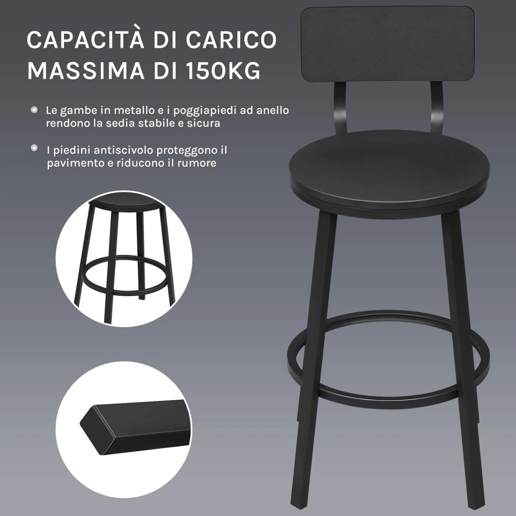 Sgabelli Cucina Set di 2, Sgabelli da Bar per Colazione, con Poggiapiedi e Schienale, Struttura in Metallo, Nero