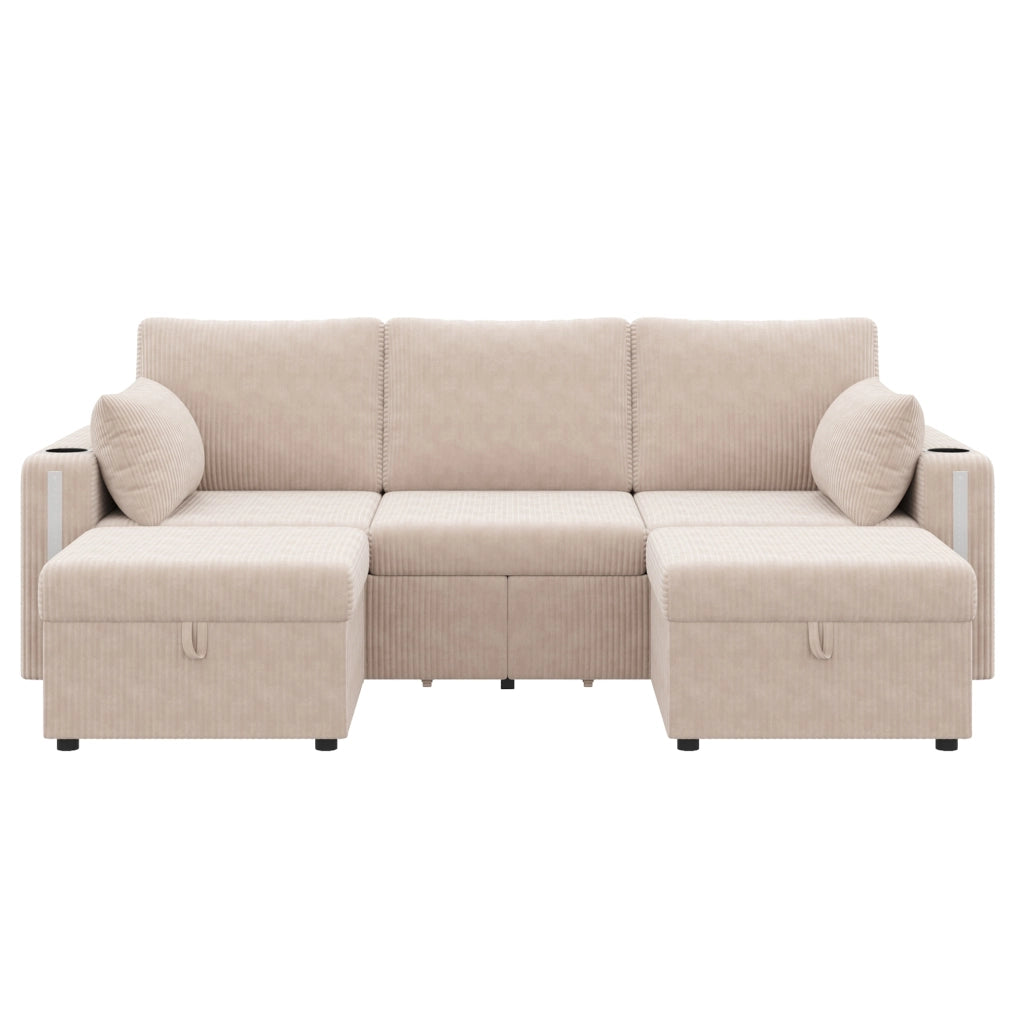 Divano modulare a U/L 190x130 cm con LED; USB/Type-C e 2 pouf contenitore beige HOMVRA