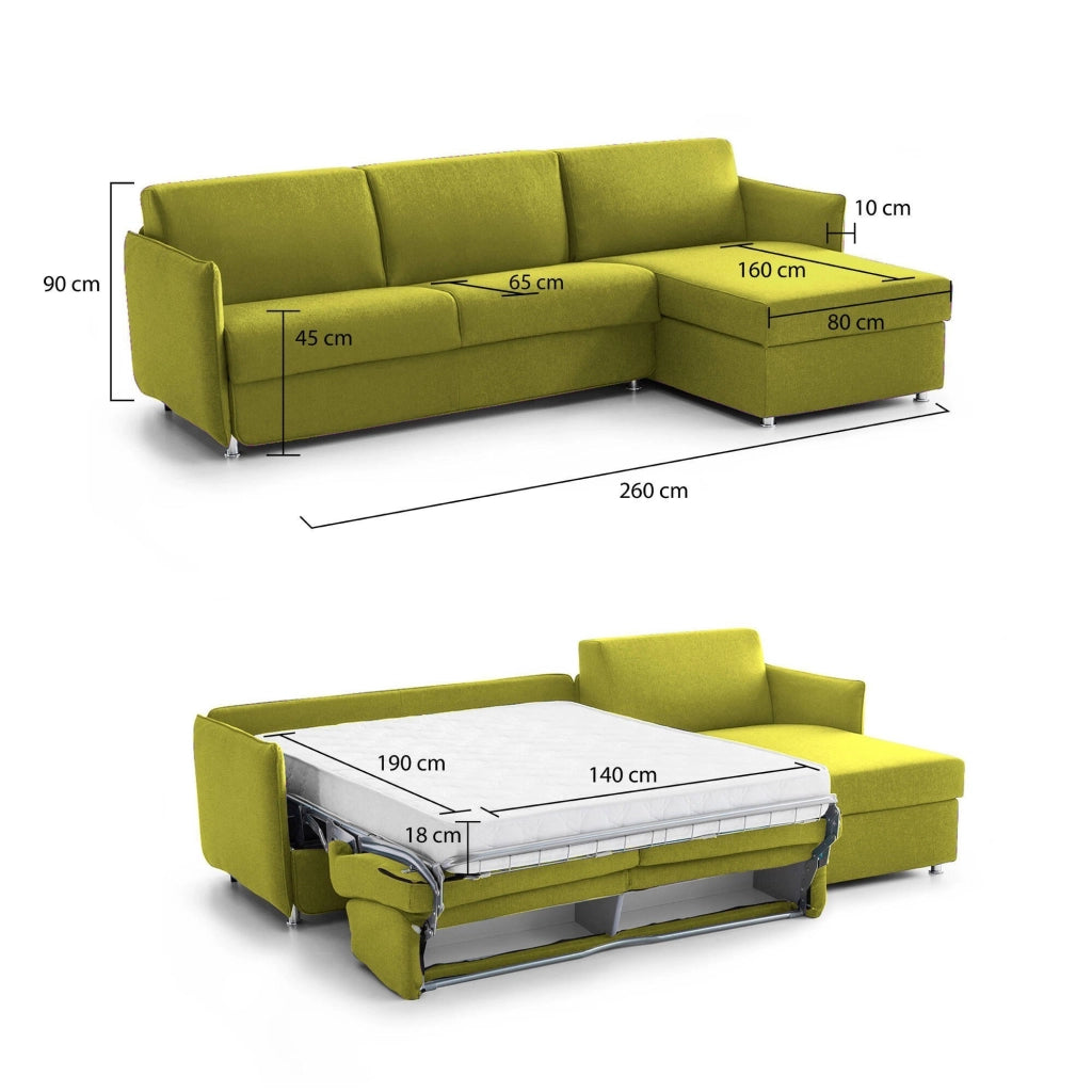 Sumirago, Divano Letto con Penisola Sfoderabile Made in Italy, 260x160 cm Verde