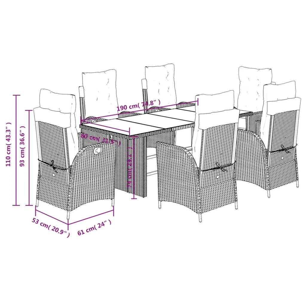 Set da Pranzo da Giardino 7 pz con Cuscini in Polyrattan Grigio