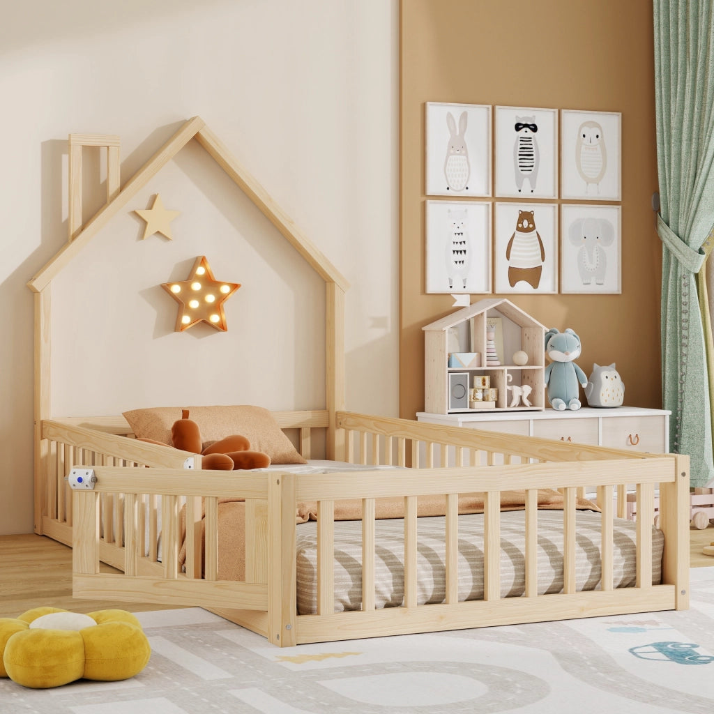 DESMIU Letto per bambini 1 posto con barriera di sicurezza e design a camino, 90 × 200 cm, senza materasso