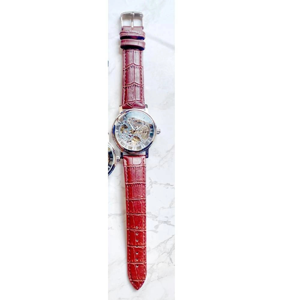 Trade Shop - Orologio Polso Zcc T001 Uomo Automatico Cinturino Pelle Rosso Quadrante Silver -