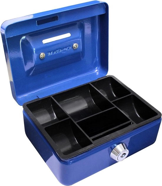 Cassa Metallica Bloccabile da 4" con Fessura per Monete - 2 Chiavi e Cassettiera Removibile - Blu