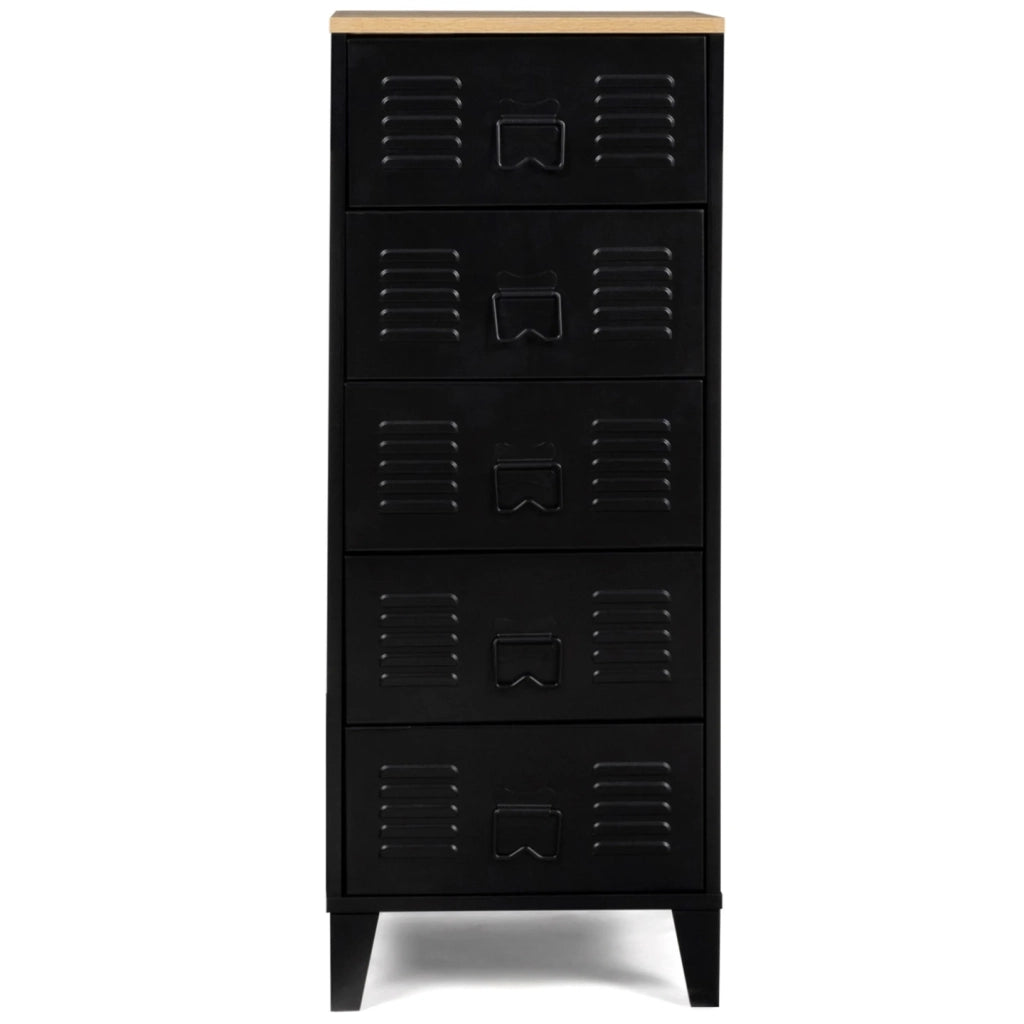 IDMarket - Cassettiera ESTER a 5 cassetti, 40 cm, metallo nero e piano in faggio in stile industriale
