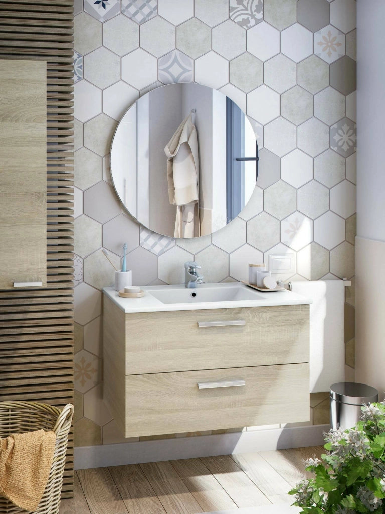 Mobile sottolavabo Felix, Mobiletto da bagno, Contenitore porta lavabo, Armadio per lavandino, 80x45 h50 cm, Rovere